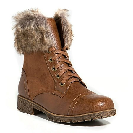 

Combat Lace Up Faux Fur Ankle Cuff Lug Sole Booties (A-Chestnut 5.5 B(M) US)
