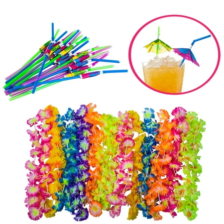 Tigerdoe - Luau party supplies - hawaiian party favors - 36 pc. - lei necklaces and umbrella straws