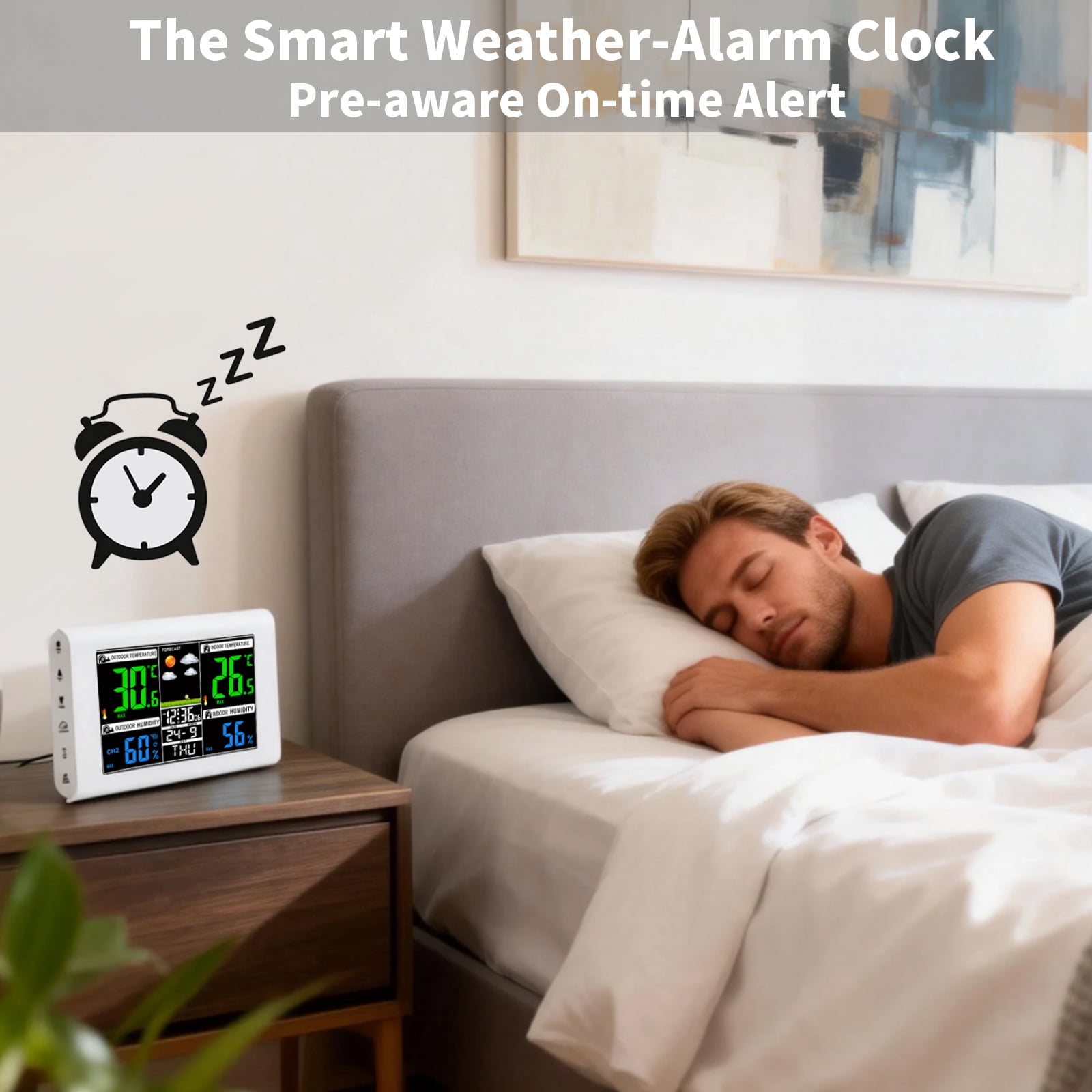 Weather Station Wireless Indoor Outdoor with Color Display, Atomic Clock & Alarm, Barometric Pressure, Forecast, Adjustable Backlight - 3-Level Backlight, White, 1 Sensor