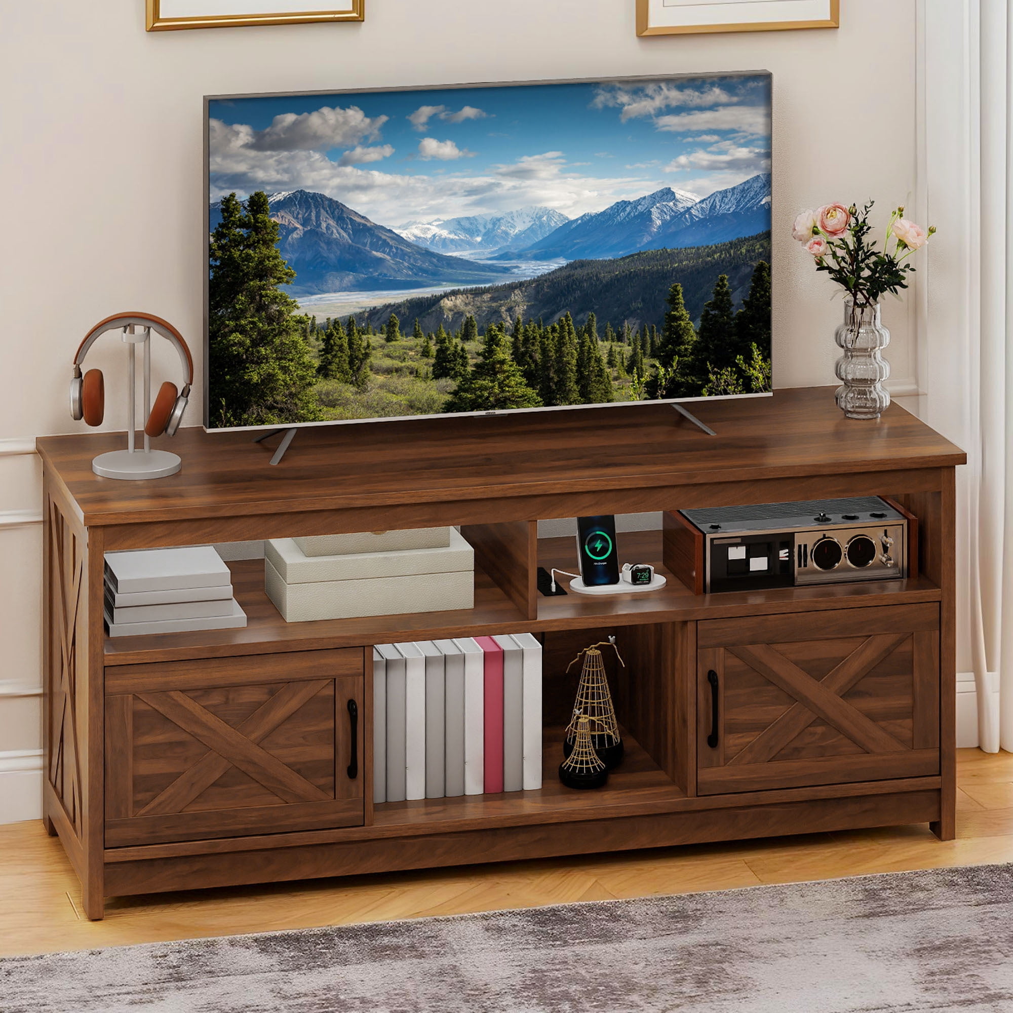 Uforic 59 Inch Rustic TV Cabinet Fits 55/65 Inch TVs, with Side X-Brace Decor, Built-in Charging Station & Partitioned Open Storage Shelves, Home Living Room, Walnut