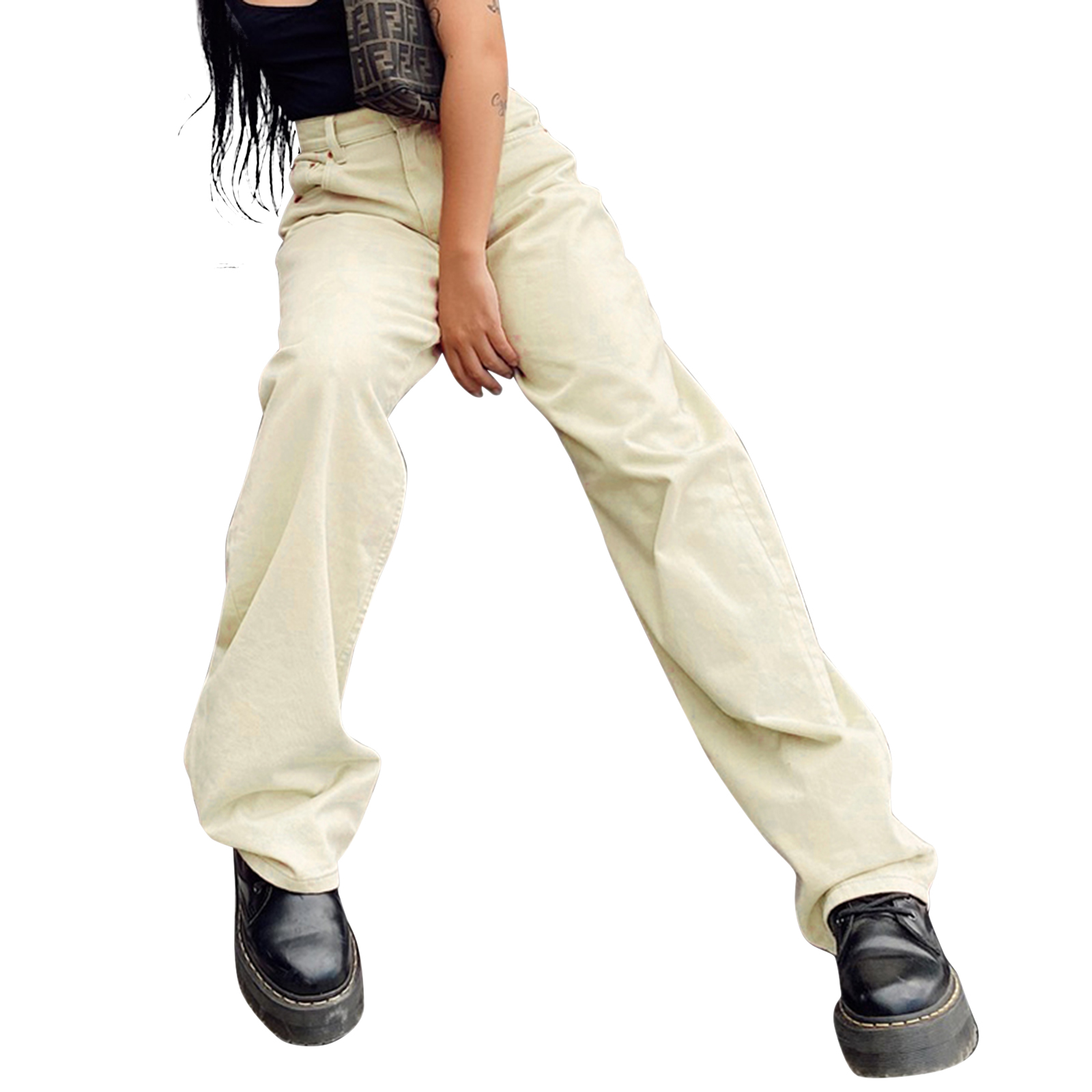 Seyurigaoka Female Solid Color High Waist Jeans Trousers Straight-Leg Pants - image 3 of 5