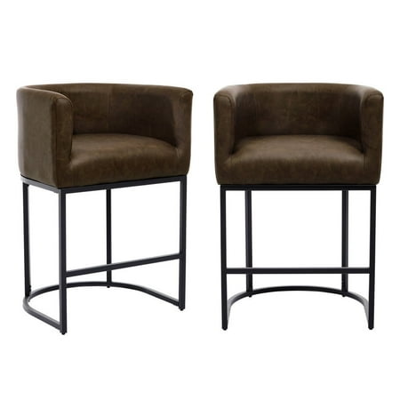 Euzensid Counter Barstools Set of 2, 26”Modern PU Leather Kitchen Island Stool, Upholstered Bar Chair with Black Tubular Frame for Bar, Kitchen, Dining Room, Brown