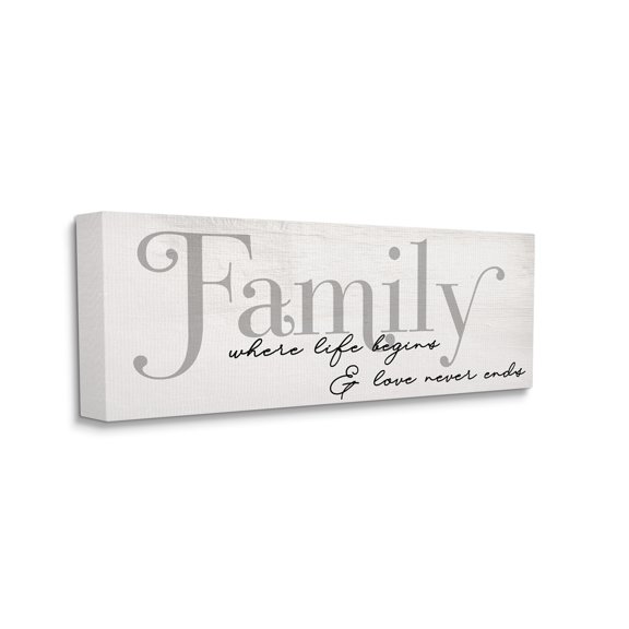 Stupell Industries Family Life Begins & Love Never Ends Phrase Country Painting Gallery-Wrapped Canvas Print Wall Art, 10 x 24, Design by Daphne Polselli