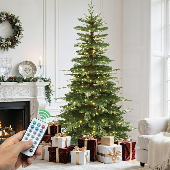 Pre-Lit Aspen Fir Artificial Christmas Tree 6.5ft with Remote, Layered Christmas Tree with Crystal Decorations, Noble Holiday Decor with 900 PE & PVC Mixed Branch Tips, 500 Lights, Green