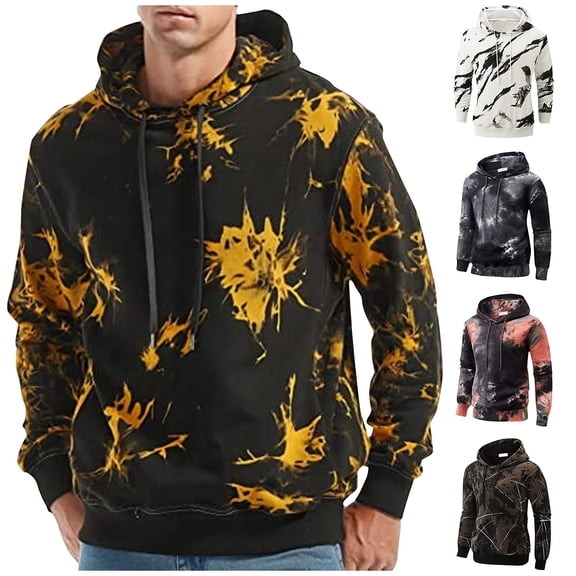 Men's Oversized Tie-Dye Print Hooded Sweatshirt, Long Sleeve Loose Fit Pullover Fleece Hoodie for Casual Wear, Streetwear, Fall Fashion,Black,L