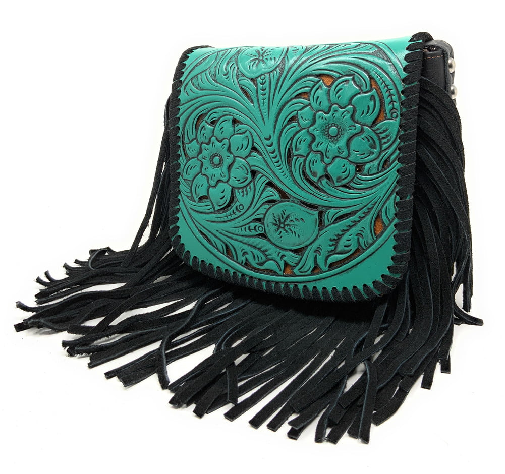 MEDIUM Crossbody Handbag w/ Turquoise Floral Leather Full Fringe 511h