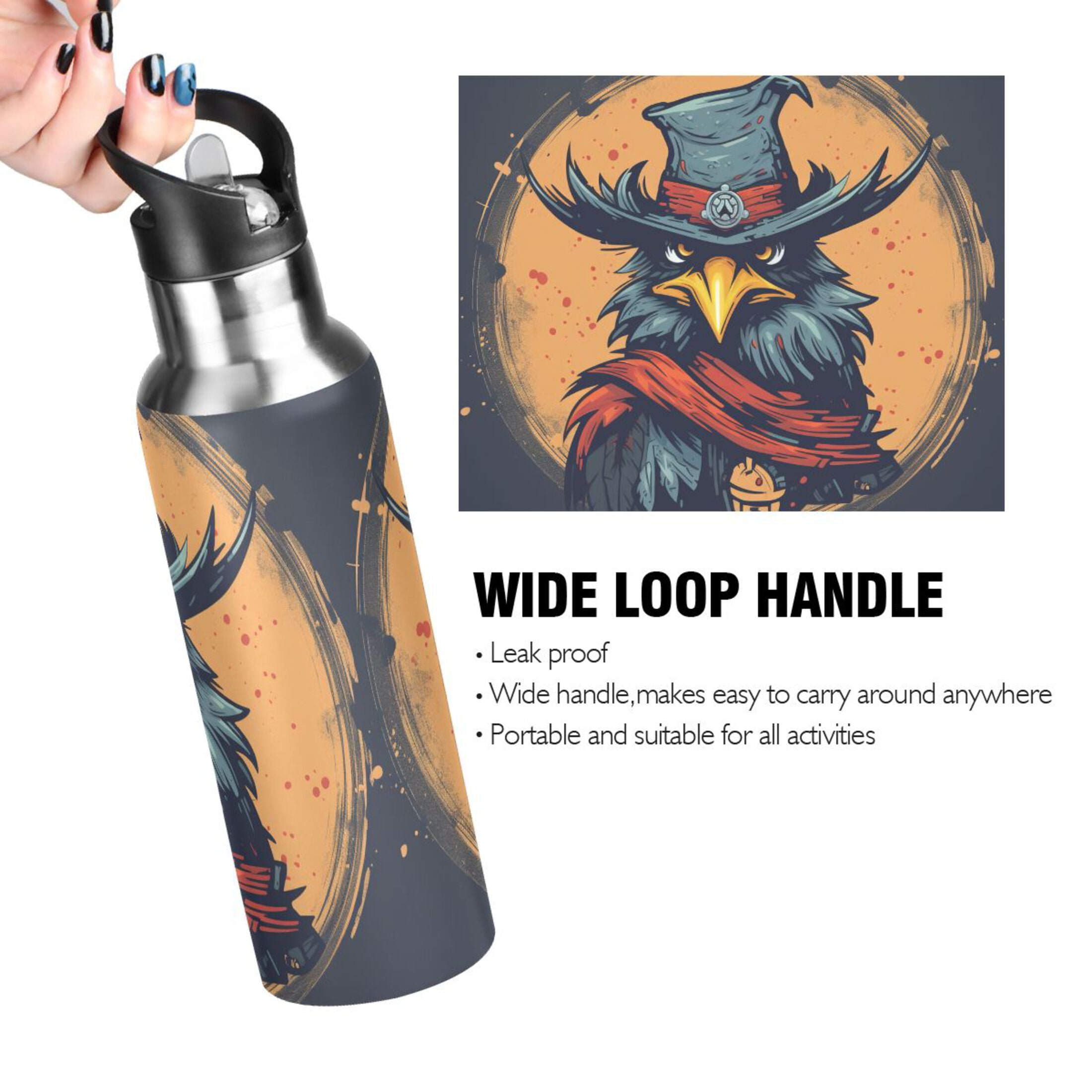 Eagle Hat Circle Sports Water Bottle with Straw Lid Insulated Stainless Steel Leak Proof BPA Free Thermal Mug with Handle for Gym Yoga Cycling Camping