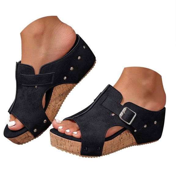EKVAHL Women's Wedge Walking Slides, Cork Platform Orthopedic Sandals, Arch Support Wide Width Open Toe Beach Summer Daily Casual Walking Sandals Black