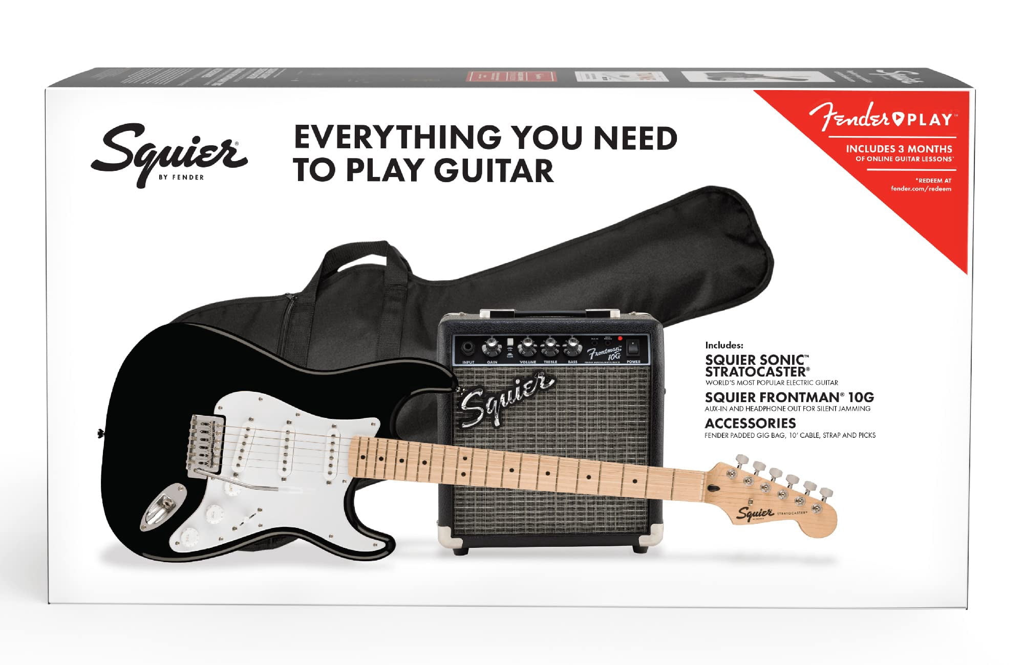 Squier Sonic Stratocaster Electric Guitar Pack, Black, Maple Fingerboard, with Gig Bag, 10G Amp, and Accessories