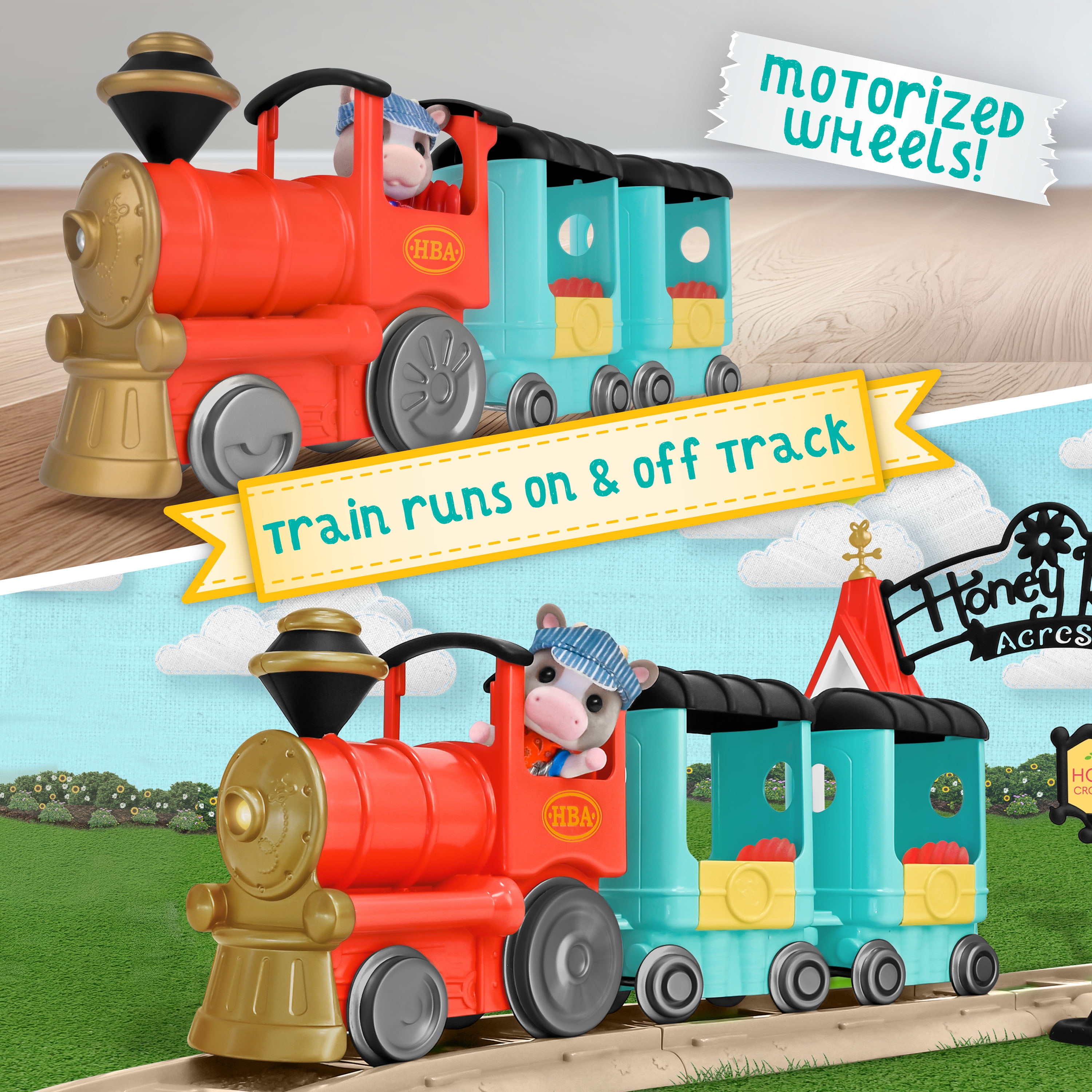 Honey Bee Acres Thistlestop Electric Train Station Set – Motorized Engine, Realistic Lights & Sounds, Poseable Cow Figure, Doll Playsets, 19 Pieces for Ages 3+