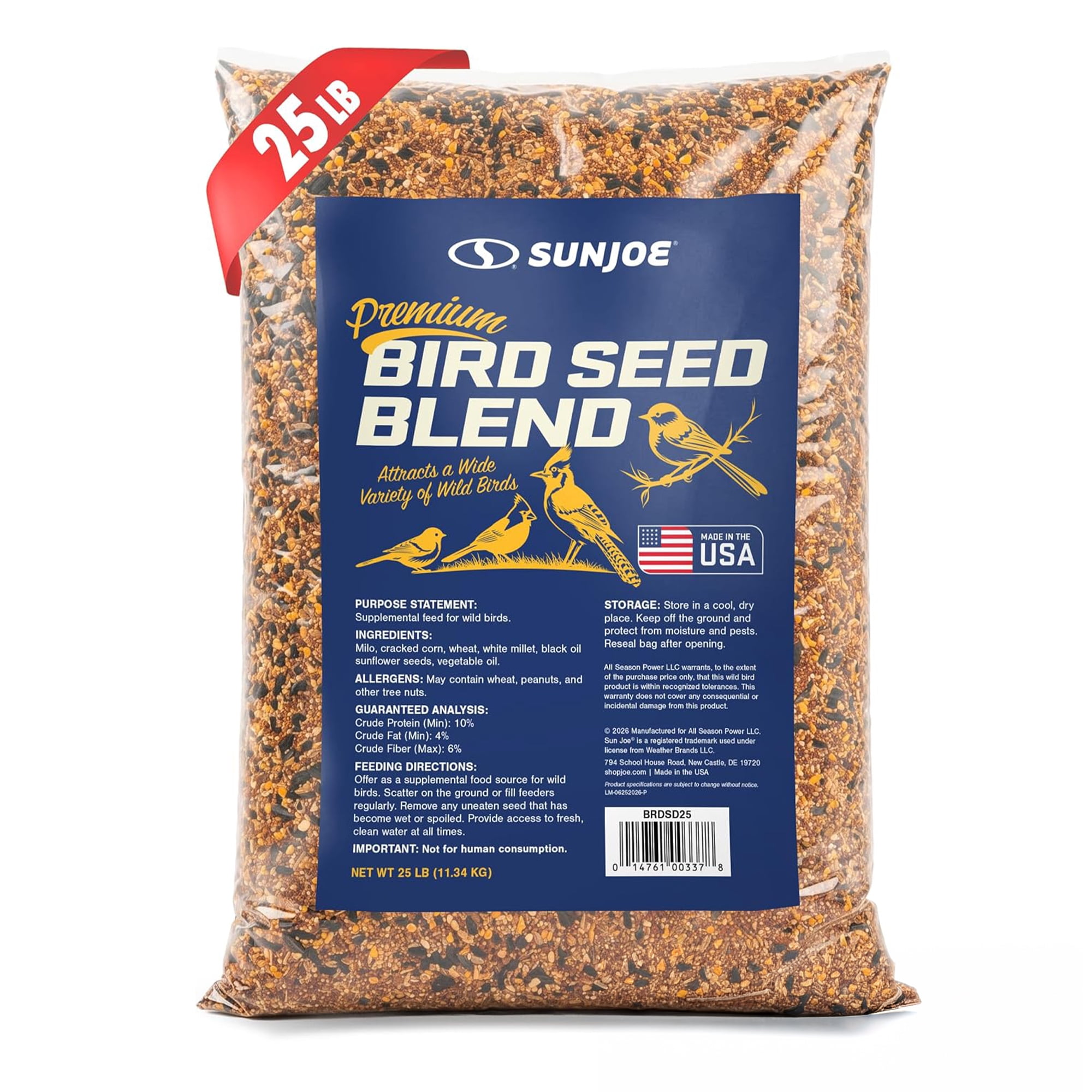 Sun Joe Wild Bird Seed Blend, Supplemental Feed Mix for Backyard Birds, 25 Lb Bag