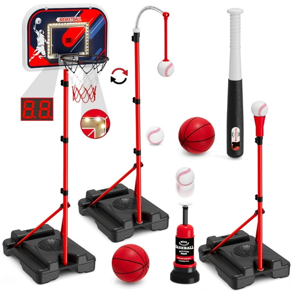 HYES Ensemble 4 en 1 de Panier de Basketball et de Ballon de Balle pour Enfants 3-5, But de Basketball avec Tableau d'Affichage et DEL, Support Suspendu pour T-Shirt et Balle avec Machine de Lancer de Baseball, Intérieur