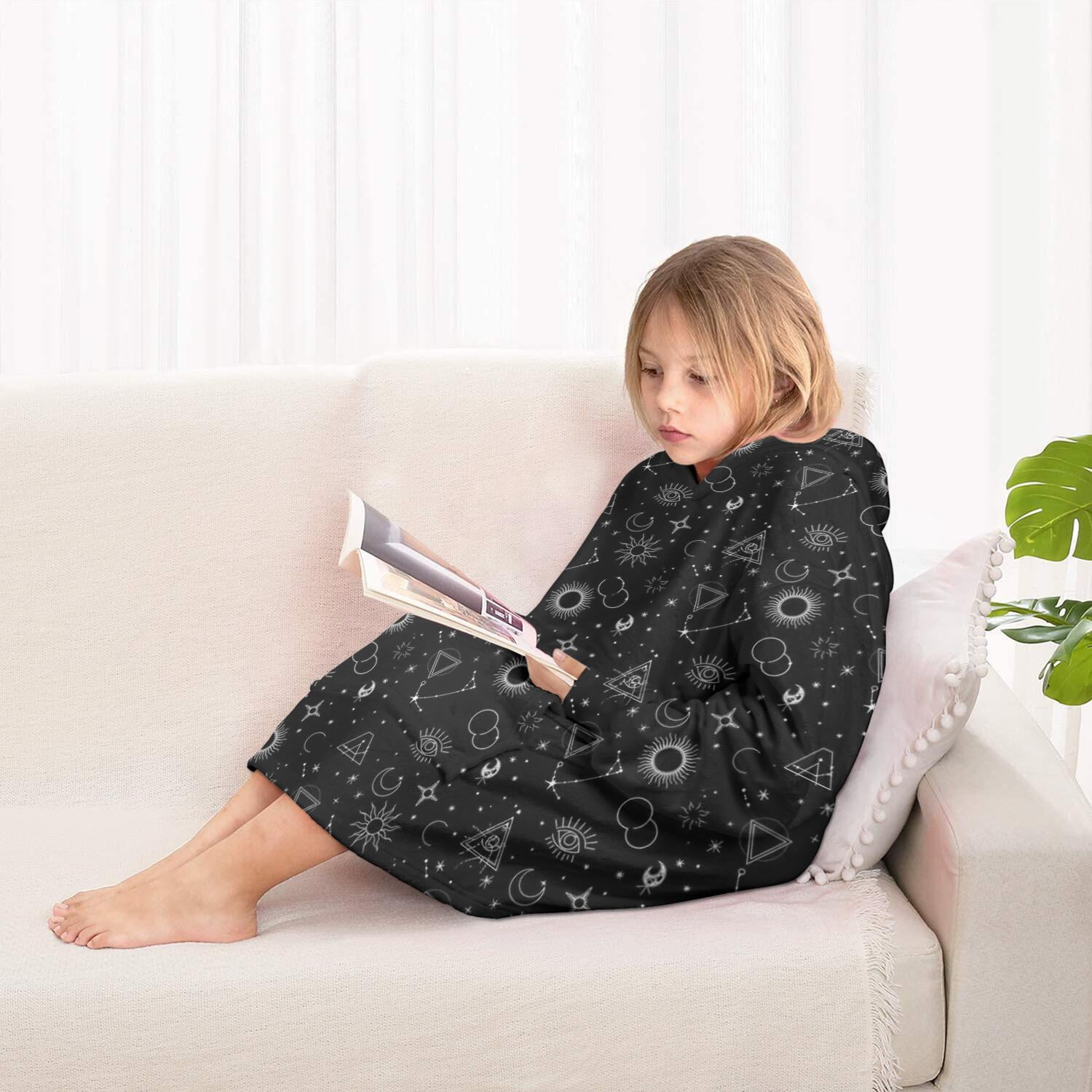 Black White Gothic Geometry Sun Moon Pattern Blanket Hoodies for Kids 6-13YR Oversize Wearable Blanket Hoodies for Boys Girls Teens