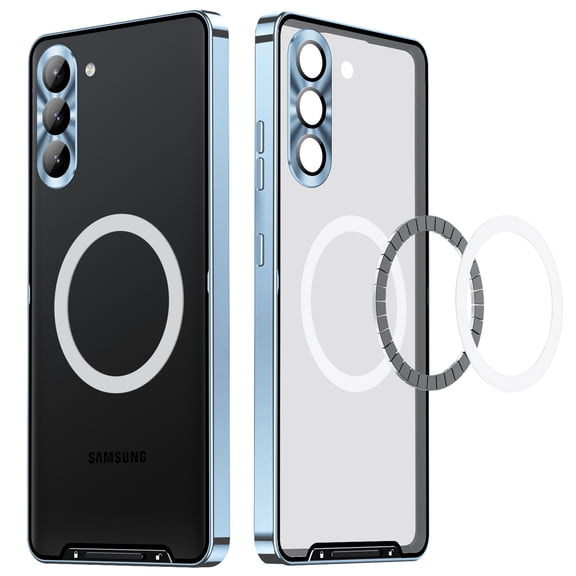Metal Magnetic Case for Samsung Galaxy S24 Plus [Compatible With Magsafe Ring & Safety Lock] [Metal Frame Bumper] [Integrated Camera Lens Protector] Shock-Absorb Case, Transparent Back Cover, Blue