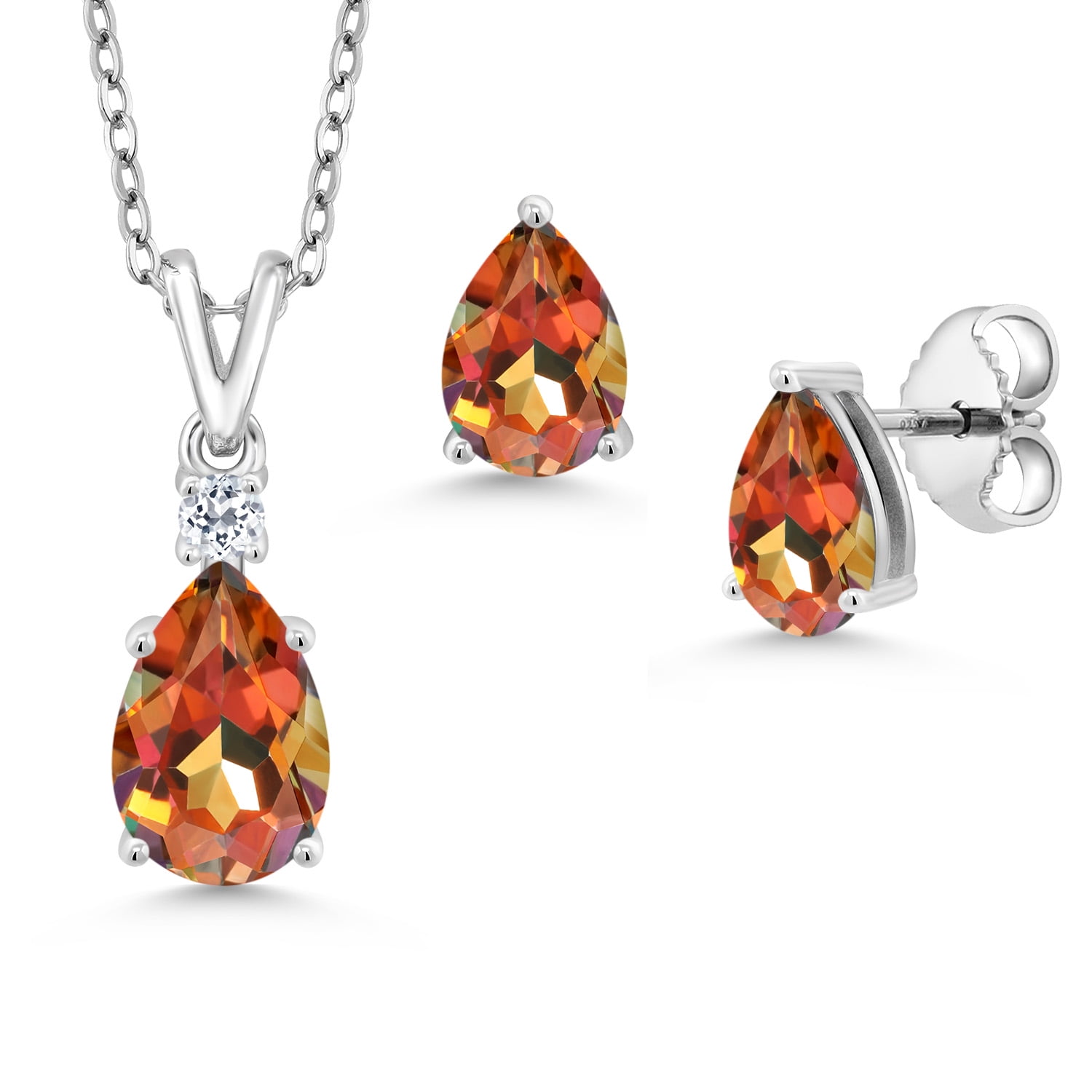 Gem Stone King 925 Sterling Silver Ecstasy Mystic Topaz and White Topaz Pendant and Earrings Jewelry Set for Women | 3.44 Cttw | Gemstone November Birthstone | Pear Shape 9X6MM | With 18 inch Chain