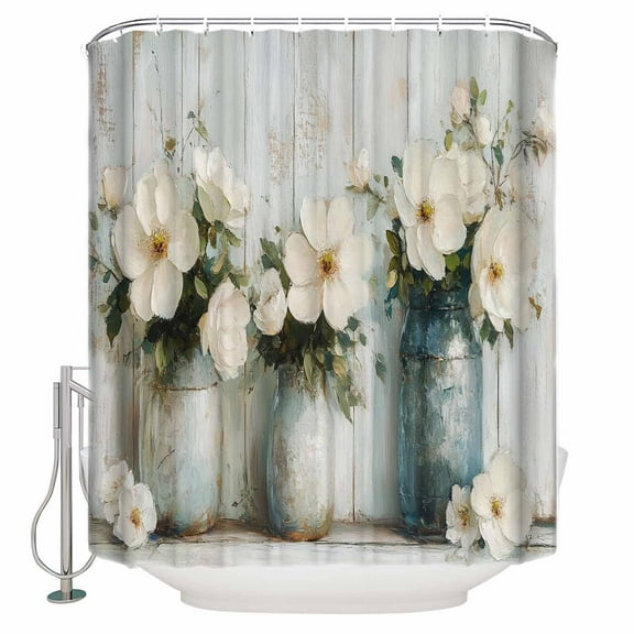 72x78 Inch Shower Curtain Camellia Flowers Bathroom Decor Waterproof Fabric Bathtub Bath Curtains Decorative Spring Floral Farmhouse Painting Retro Wood Extra Long Shower Curtain Set with Hooks