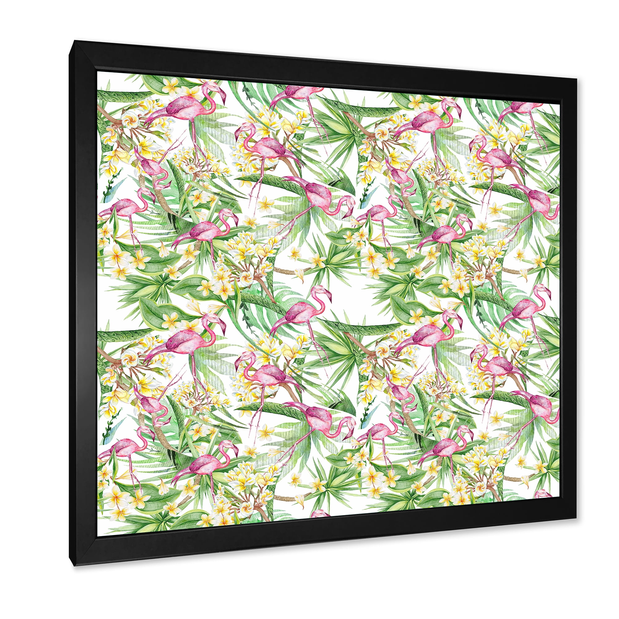 Designart 'Yellow Flowers, Tropical Foliage With Flamingo II' Modern Framed Art Print