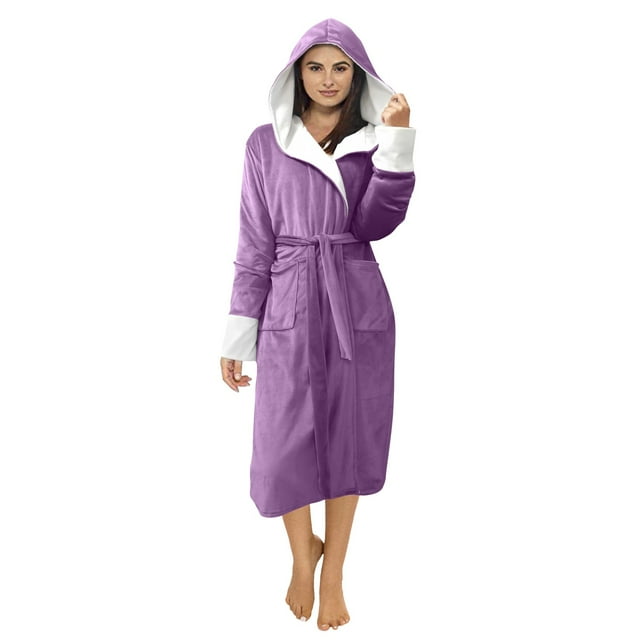 WEIYLL Womens Fleece Jacket Plush Lengthened Shawl Bathrobe Home Long Sleeved Robe Purple Winter Clothes Size L