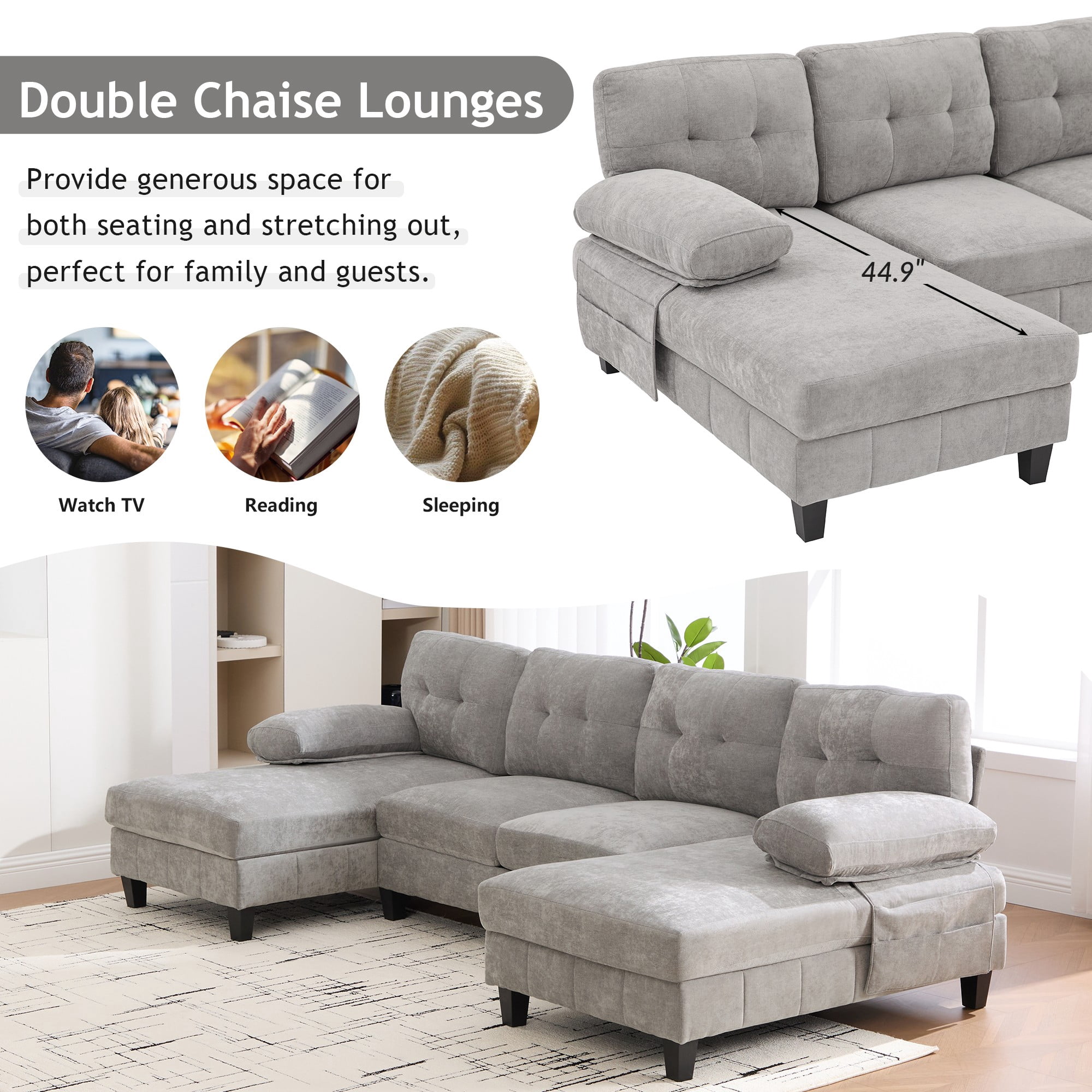 U-shaped Sectional Sofa,103.5" Chenille Upholstered Sofa Couch with Storage Pockets and Armrest Pillows for Living Room,Grey