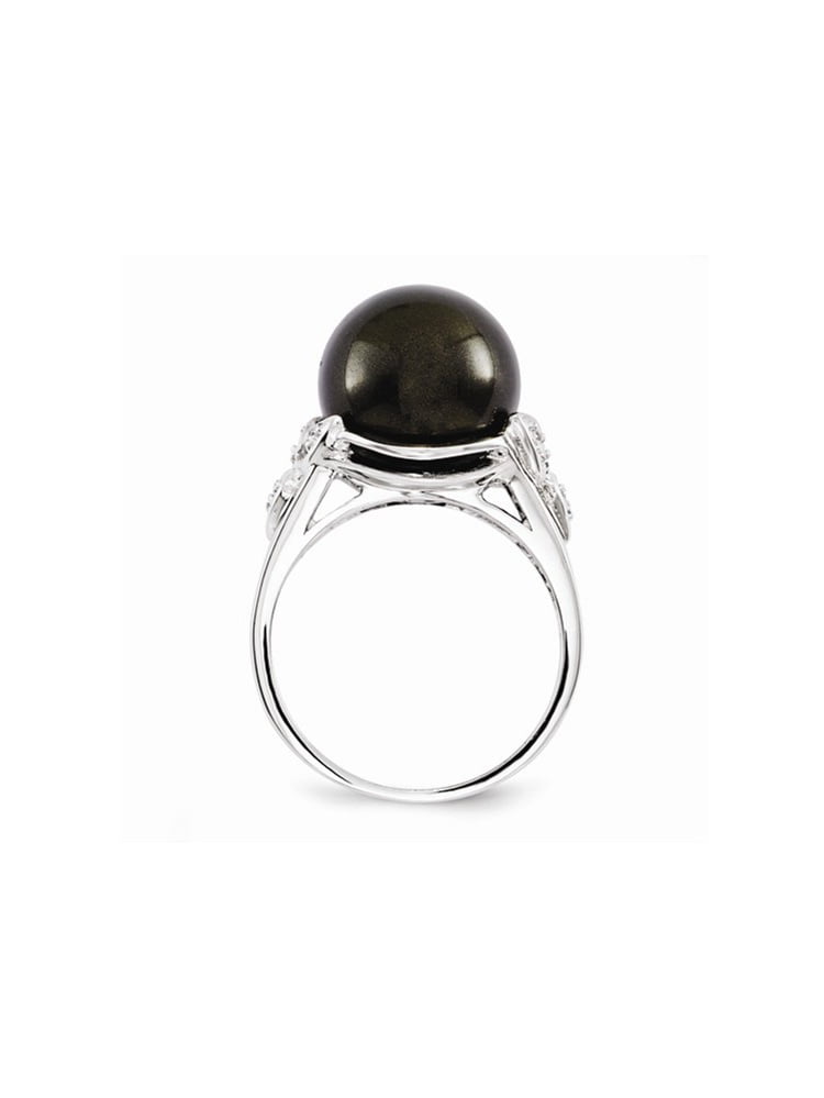 Sterling Silver Pearl Ring Band Solid Majestik 12-13mm Black Shell Pearl CZ Ring