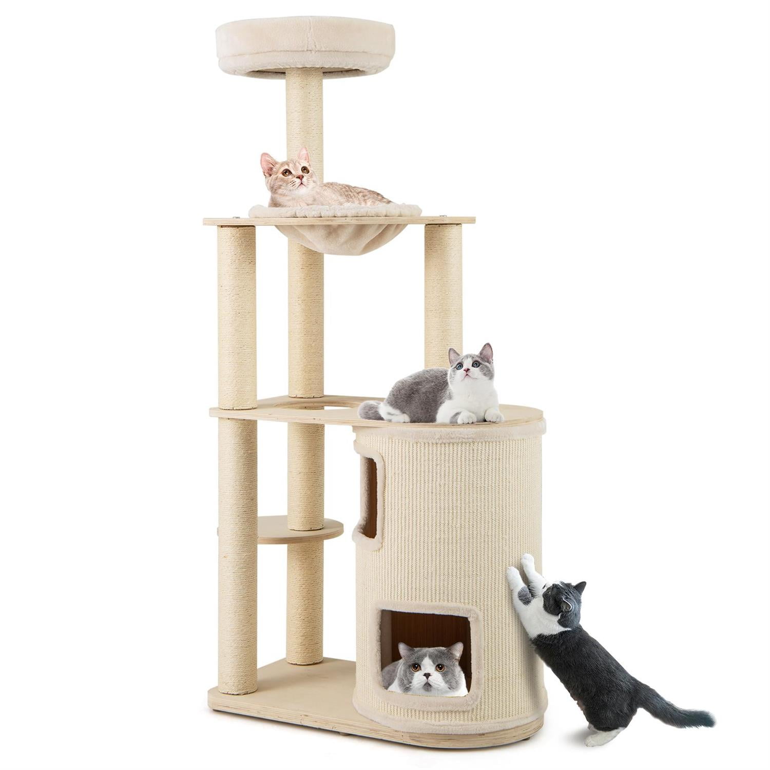 Pefilos 60" Tall Cat Tree, 2-Story Condo & Hammock Nook, Sisal Scratching Posts, Brown