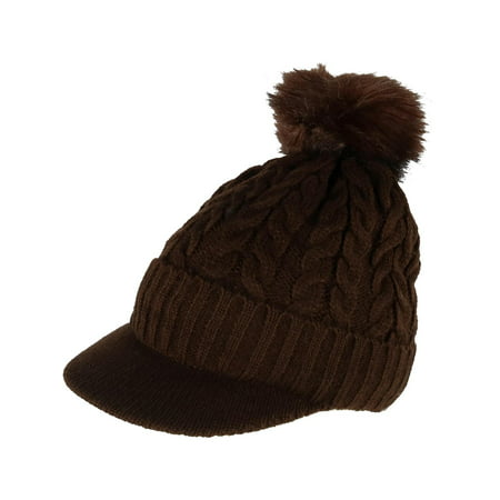 Women's Cable Knit Visor with Sherpa Lining and Faux Fur Pom
