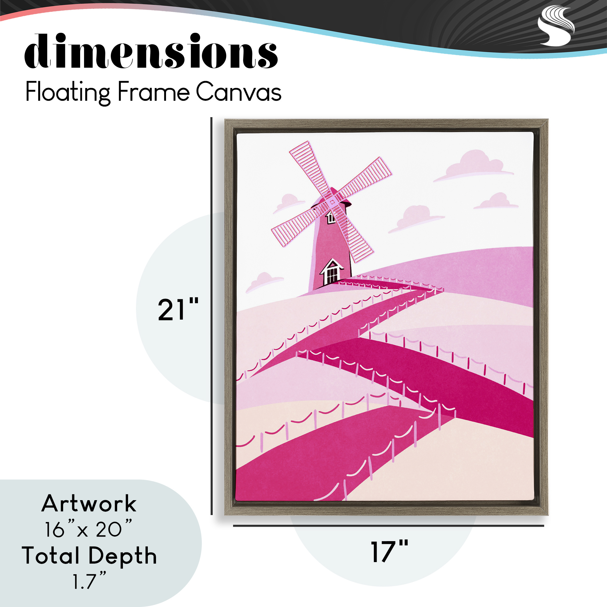Pink Hills and Windmill Brown Framed Floater Canvas Wall Art, design by Ziwei Li