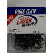 Eagle Claw Lazer Sharp 3X Treble Regular Shank Round Bend Fishing Hooks, Black, Size 2, 20 Pack