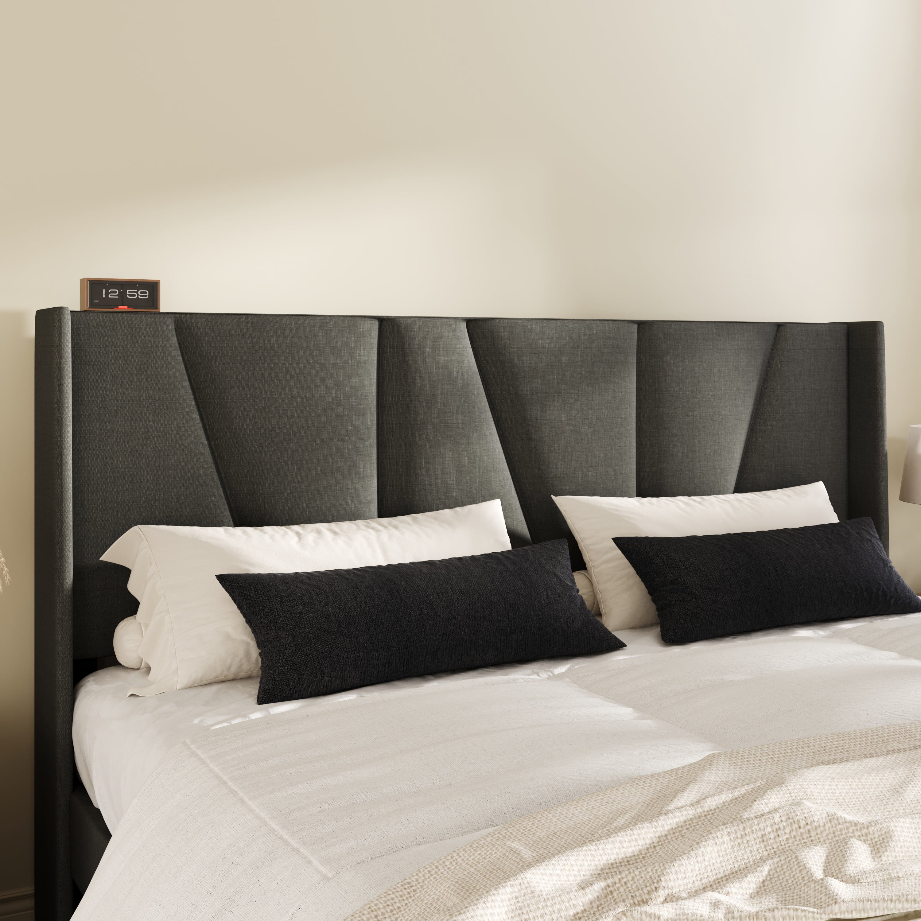 Amolife King Bed Frame, Upholstered Platform Bed with Wingback and Geometric Headboard, Dark Gray