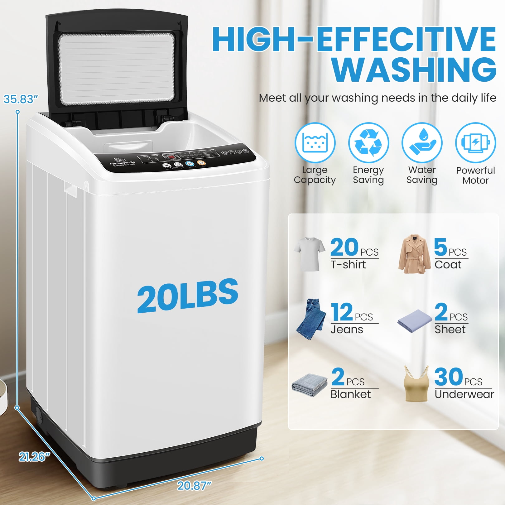 Veeboto 20lbs Portable Washing Machine, Fully Automatic Washing Machine with Drain Pump, 10 Wash Programs/8 Water Levels for Home, Apartment, Dorm