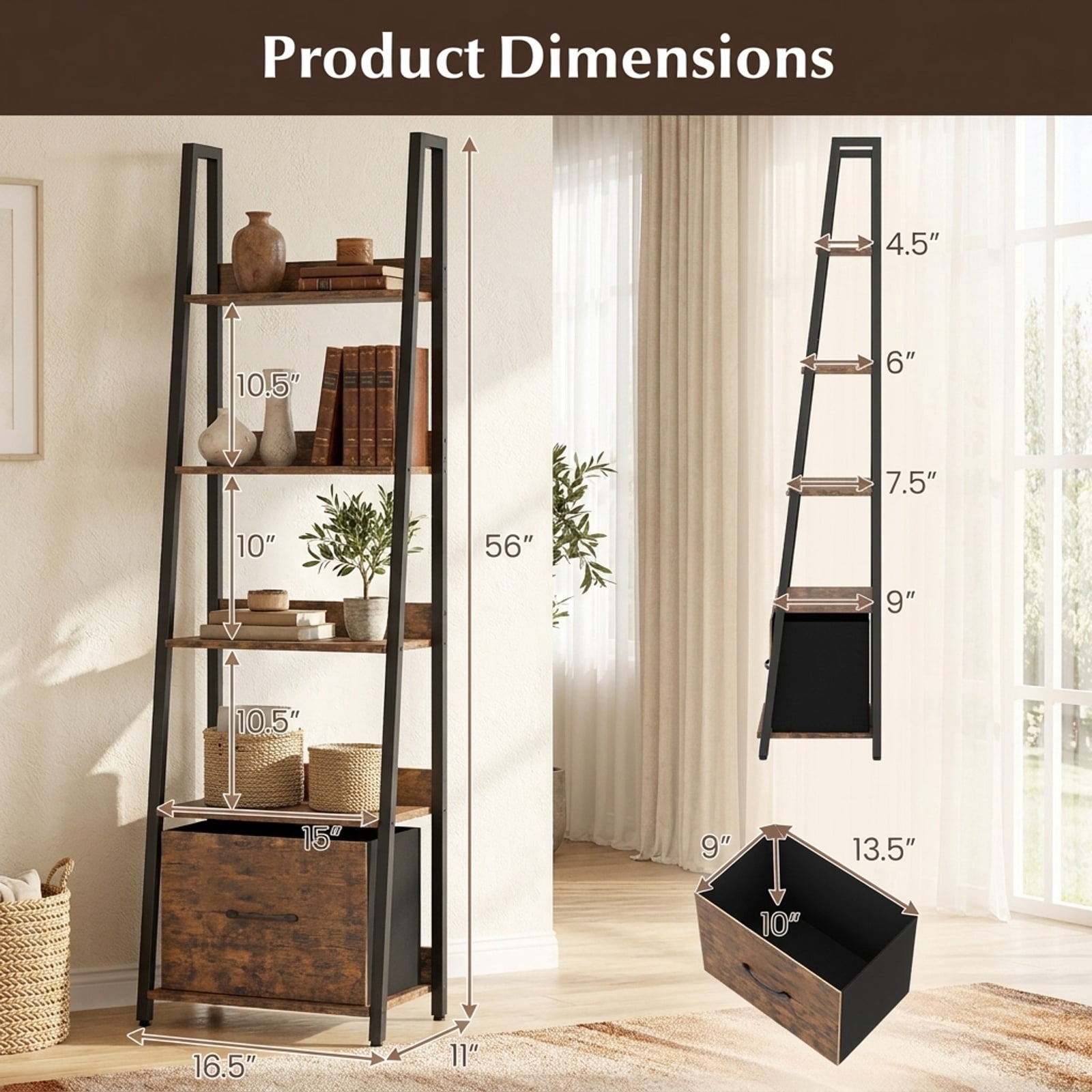 Furnibear 5-Tier Ladder Bookshelf with Fabric Drawer for Living Room and Home Office for Living Room Home Office Bedroom Display, Rustic Brown