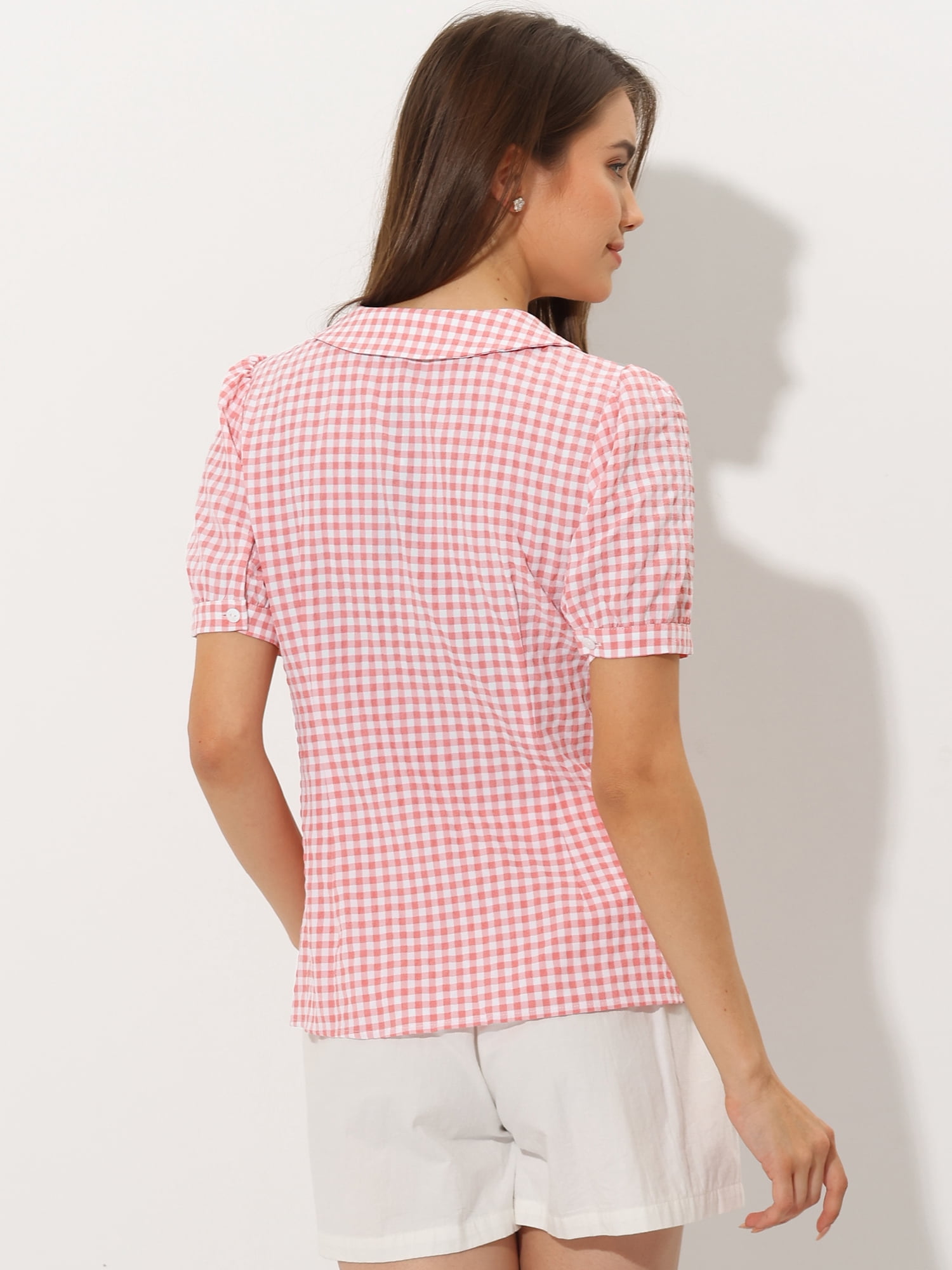 DARING DIVA Women's Plaid Button Down Puff Peter Pan Collar Shirt S Pink