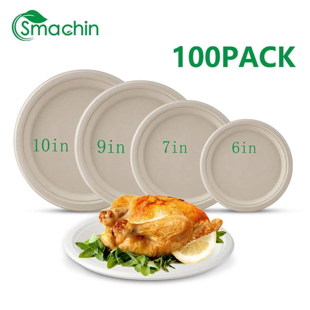 Smachin 7 inch 100 Compostable Plates, Disposable Paper Plates 100Count, Biodegradable White