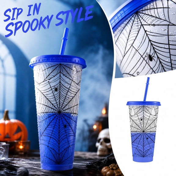 24Oz Halloween Web Tumbler with Lid and Straw, Large Blue Plastic Cup for Iced Coffee and Cold Drinks
