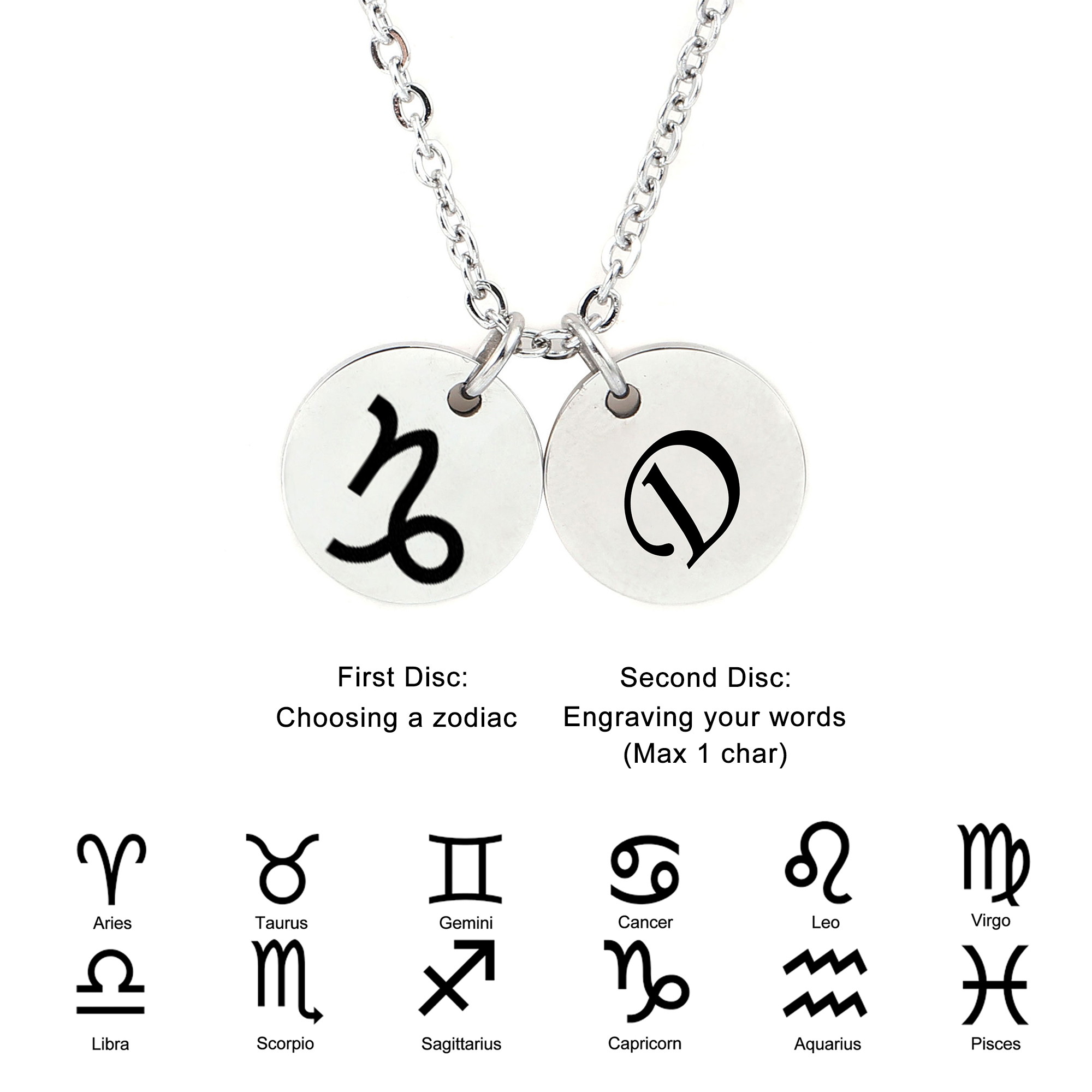 Anavia Stainless Steel Silver Personalized Round Constellation Initial Necklace Engraved Zodiac Symbol Jewelry 18 inch Chain