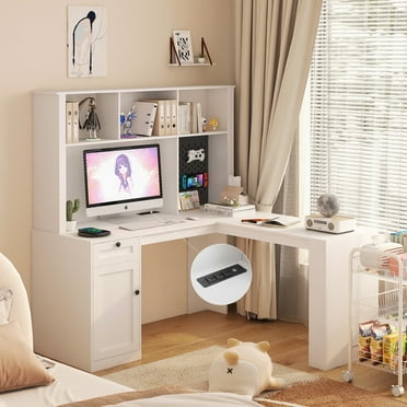 Aukfa L Shaped Computer Desk with Hutch & Power Outlets,Writing Desk Home Office Desk,White