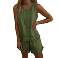 thumbnail image 5 of Karymi Going Out Tops for Women 2 Piece Solid Linen Blend Outfit Set, Crew Neck Sleeveless Eyelet Lace Ruffle Hem Tank Top+Elastic Drawstring Ruffle Shorts Rompers for Women, 5 of 9