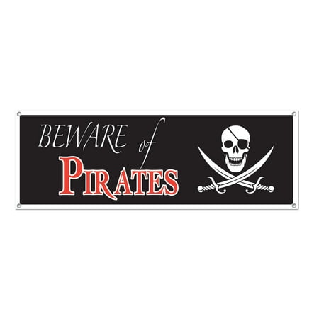 Beistle - Beware Of Pirates Sign Banner - 5' x 21" - Pack of 12