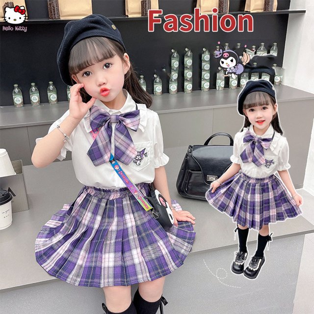Anime Kuromi Children's Shirt Pleated Skirt Bow Tie Sanrios Summer Jk Girl Sweet Princess Dress Fashion Kawaii College Style Set