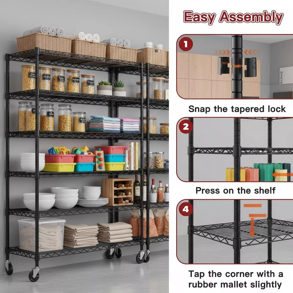 Sailvan 46"W 6-Tier Metal Wire Shelving Unit with Wheels, 1200LBS Heavy Duty Storage Shelves for Garage Kitchen Pantry, 18"Dx46"Wx82"H,Black