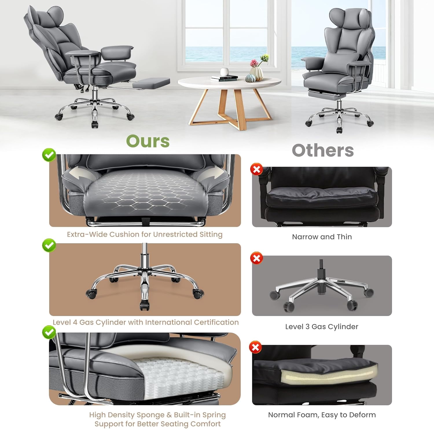 Woodty Executive Chair, PU Leather, High Back, Home Office, Gray (Set of 1)