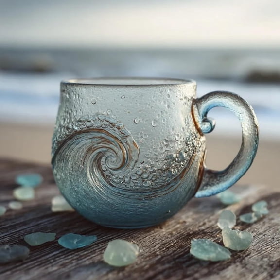 CAIMYY Beach Theme Drinkware Handblown Sea Glass Mug With Textured Surface For Tea Coffee And Beverages 12 Oz Capacity Microwave And Dishwasher Safe Green