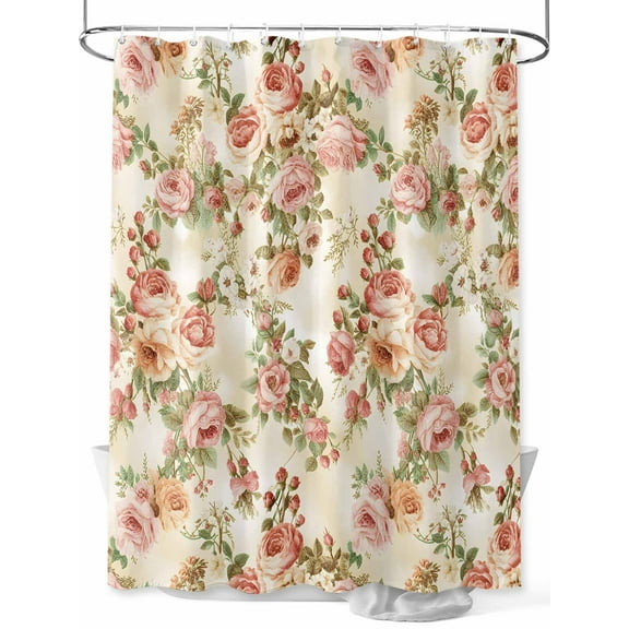 Pink Retro Rose Shower Curtain, Vintage Floral Bathroom Decor Curtains Set with Hooks, Waterproof Fabric Home Accessories, Stall 36 X 72 Inch