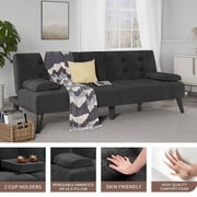 Walsunny Convertible Futon Sofa Bed, Foldable Futon Sleeper Sofa Bed with 2 Cup Holders, Folding Loveseat Recliner with 3-Angle Adjustment Modern Couch for Living Room, Small Space, Black