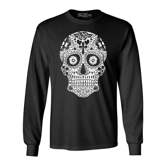 Shop4Ever Men's Day of the Dead White Skull Long Sleeve Shirt X-Large Black