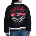 thumbnail image 3 of Women's Starter  Black Carolina Hurricanes Printed Round Team Logo Satin Varsity Full-Snap Jacket, 3 of 3