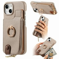 ELEHOLD for iPhone 15 Plus Luxury Leather Wallet Case with Back Flip Card Slots RFID Blocking Zipper Cash Pocket Stand Function Ring Holder Support Magnetic Car Mount Shockproof Case,khaki