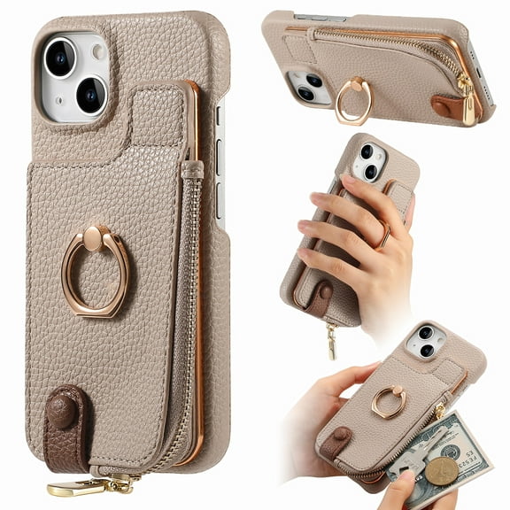 ELEHOLD for iPhone 14 Plus Luxury Leather Wallet Case with Back Flip Card Slots RFID Blocking Zipper Cash Pocket Stand Function Ring Holder Support Magnetic Car Mount Shockproof Case,khaki