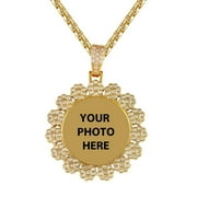 Mens Bezel Floral Icy Custom Photo Frame Picture Pendant Necklace 14K Yellow Gold Tone Free Box Chain
