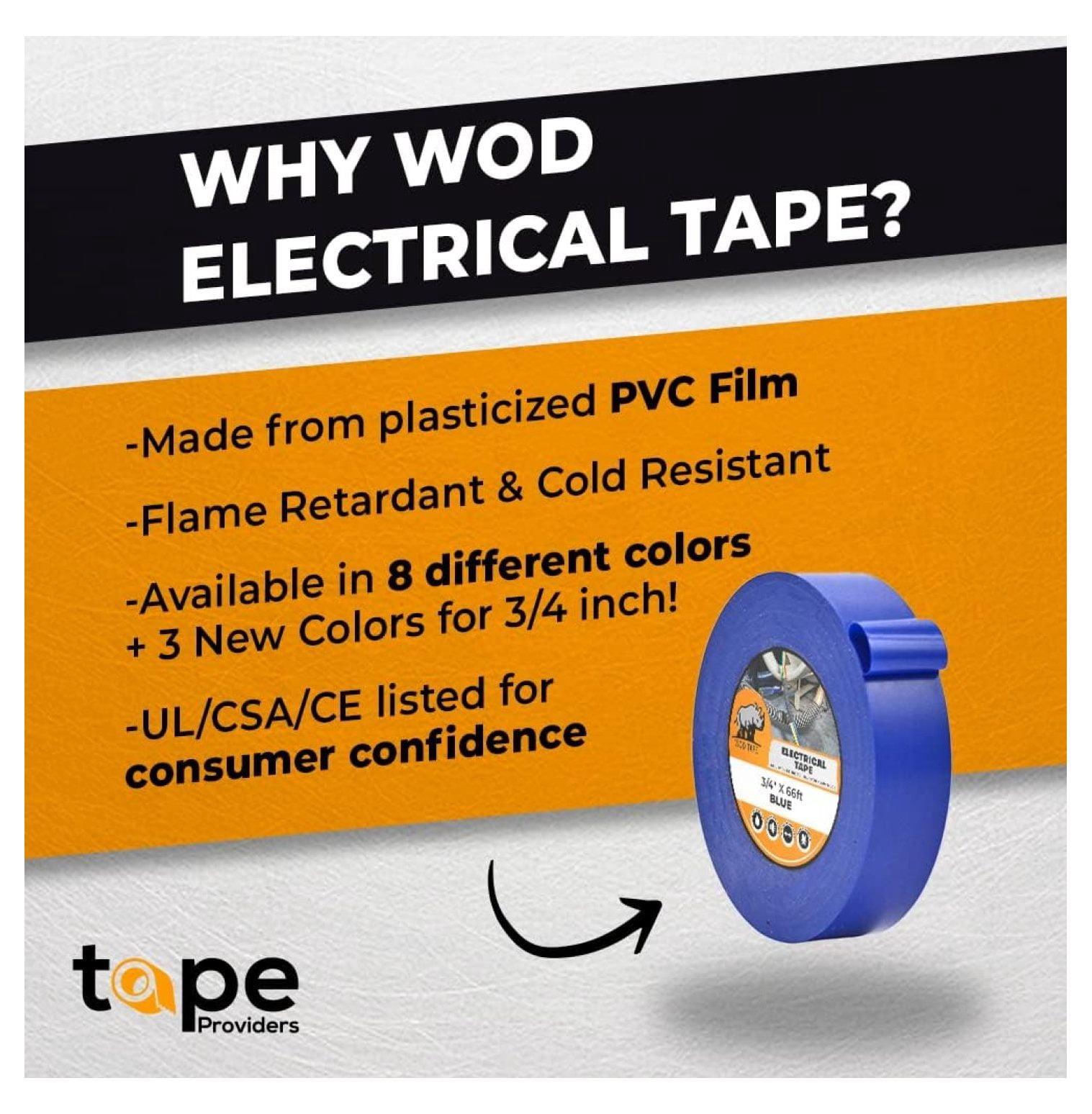 WOD ETC766 Professional Grade General Purpose Black Electrical Tape UL/CSA Listed . Vinyl Rubber Adhesive Electrical Tape: 2 inch X 66 ft. - Use at No More Than 600V & 176F (Pack of 10)